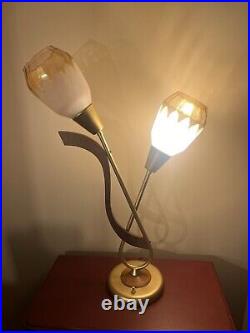 RARE Mid Century Modern Table Lamp/Brass/Walnut two tulip Glass Shades RARE Mid Century Modern Table Lamp/Brass/Walnut two tulip Glass Shades