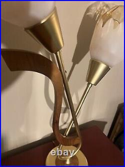 RARE Mid Century Modern Table Lamp/Brass/Walnut two tulip Glass Shades RARE Mid Century Modern Table Lamp/Brass/Walnut two tulip Glass Shades