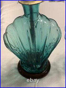 RARE Pair Large Vintage Blenko Handblown Table Lamps 1960s Teal Blue Excellent