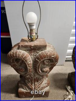 RARE Pair of Red Vintage Bon Art Int'l Double Ibis Ram Head plaster table lamps