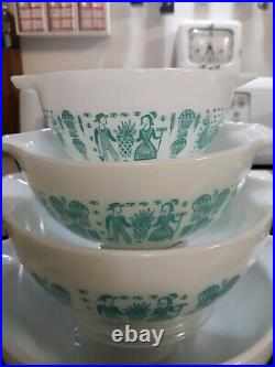 RARE Pyrex ALL WHITE Butterprint Cinderella Mixing Bowl Set Turquoise Amish EVC