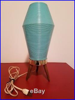RARE SHAPE Vintage Mid Century Beehive Lamp Blue Turquoise Wood Tripod Legs