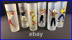 RARE Set of 6 MCM Highball Glasses with Hand Painted Sports Caricature Figures