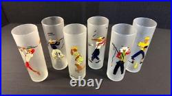 RARE Set of 6 MCM Highball Glasses with Hand Painted Sports Caricature Figures