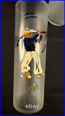 RARE Set of 6 MCM Highball Glasses with Hand Painted Sports Caricature Figures