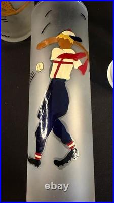 RARE Set of 6 MCM Highball Glasses with Hand Painted Sports Caricature Figures