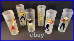 RARE Set of 6 MCM Highball Glasses with Hand Painted Sports Caricature Figures