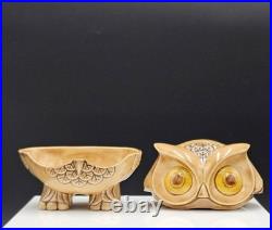 RARE VTG Ceramic Owl Trinket Jewelry Box Mid Century Modern Brown Glaze MCM