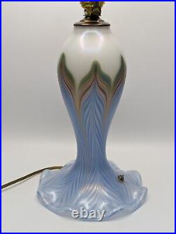 RARE Vandermark Opalescent Pulled Feather Art Glass Table Lamp Blue Signed