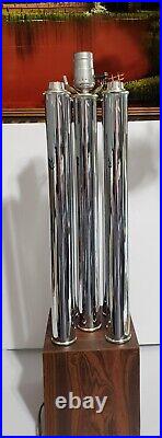 RARE Vintage MCM Mid-century Modern 1970s Lamp 5 Chrome Silver Tubes Faux Wood