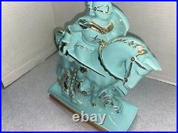 RARE Vintage MCM Modern Knight on Horse Back Table Lamp Aqua with Gold Trim 50S