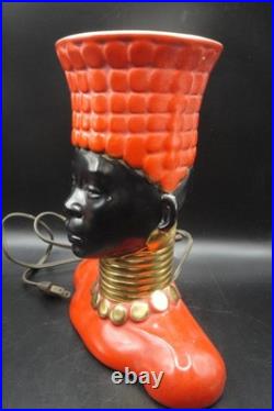 RARE Vintage c. 1950's MCM Art Pottery BLACKAMOOR Bust TV Lamp Red/Black/Gold