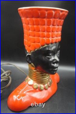 RARE Vintage c. 1950's MCM Art Pottery BLACKAMOOR Bust TV Lamp Red/Black/Gold