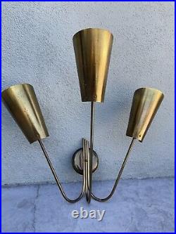 Rare 1950's Mid Century Modern Brass Lightolier 3 Light Wall Sconce Wall Fixture