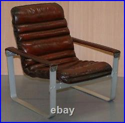Rare 1960's Pulkka Ilmari Lappalainen Chrome & Brown Leather Armchair Sofa Suite