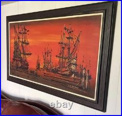 Rare 1960s Mid Century Vintage Painting, titled Galleons at Sea by Van Gaard