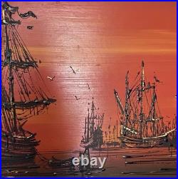 Rare 1960s Mid Century Vintage Painting, titled Galleons at Sea by Van Gaard
