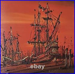 Rare 1960s Mid Century Vintage Painting, titled Galleons at Sea by Van Gaard