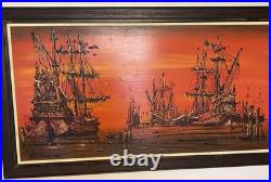 Rare 1960s Mid Century Vintage Painting, titled Galleons at Sea by Van Gaard