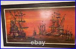 Rare 1960s Mid Century Vintage Painting, titled Galleons at Sea by Van Gaard