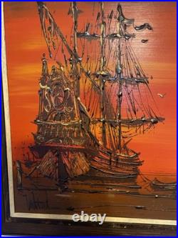 Rare 1960s Mid Century Vintage Painting, titled Galleons at Sea by Van Gaard