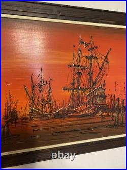 Rare 1960s Mid Century Vintage Painting, titled Galleons at Sea by Van Gaard