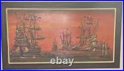 Rare 1960s Mid Century Vintage Painting, titled Galleons at Sea by Van Gaard
