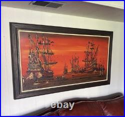 Rare 1960s Mid Century Vintage Painting, titled Galleons at Sea by Van Gaard