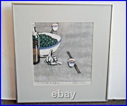 Rare 1963 Vintage Mid Century Modern Chinese Woodblock Print with Wine & Garlic