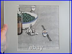 Rare 1963 Vintage Mid Century Modern Chinese Woodblock Print with Wine & Garlic