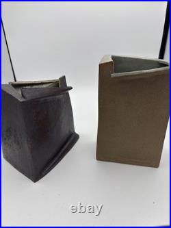 Rare 2 Vtg MCM Japan Ceramic Vase Angular Mid Century Modern Geometric Ikebana