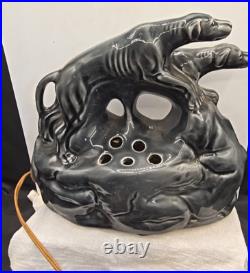 Rare 50s MCM Midnight Blue/Gray Gold Double Greyhound Ceramic TV Lamp EUC 11