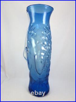Rare BIG Vintage Blenko Hank Adams Blue Art Glass Face Head Vase Sculpture #9316