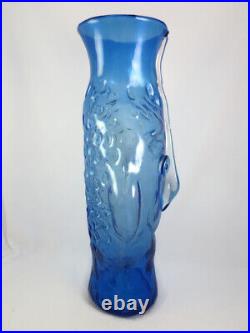 Rare BIG Vintage Blenko Hank Adams Blue Art Glass Face Head Vase Sculpture #9316