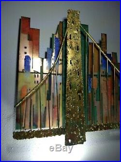 Rare CURTIS JERE Signed 1966 Mid Century Metal Wall Art CITY SCAPE Golden Gate
