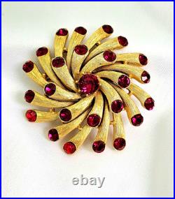 Rare Crown Trifari Brooch Red Rhinestone Jeweled Embers Mid Century Modern EUC