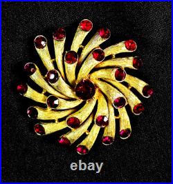 Rare Crown Trifari Brooch Red Rhinestone Jeweled Embers Mid Century Modern EUC