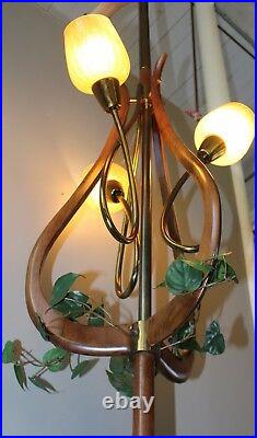 Rare Form Mid-Century Modern Tension Pole Lamp Brass & Teak