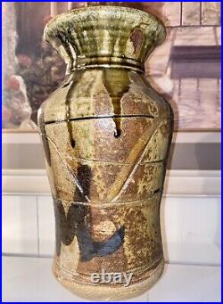 Rare Hand Thrown Expressionist Pottery Drip Glaze Studio Vase Marked 11.5