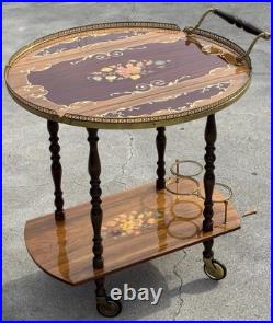Rare Italy Vintage 50th Mid Century Marquetry & Brass Bar Cart Drinks Trolley