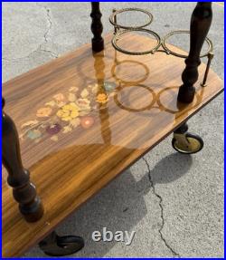 Rare Italy Vintage 50th Mid Century Marquetry & Brass Bar Cart Drinks Trolley