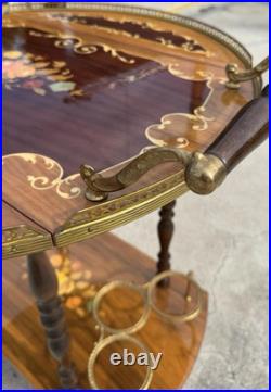Rare Italy Vintage 50th Mid Century Marquetry & Brass Bar Cart Drinks Trolley
