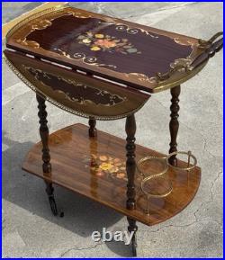 Rare Italy Vintage 50th Mid Century Marquetry & Brass Bar Cart Drinks Trolley