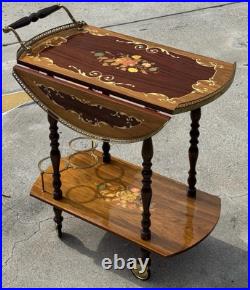 Rare Italy Vintage 50th Mid Century Marquetry & Brass Bar Cart Drinks Trolley