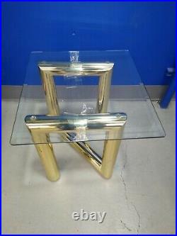 Rare Karl Springer Style Z Brass Modern Side Table Milo Baughman Era + Glass