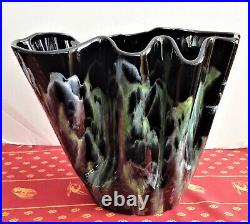 Rare Large Organic Midcentury Modern Haeger Pottery Black Drip Glaze Fluted Vase