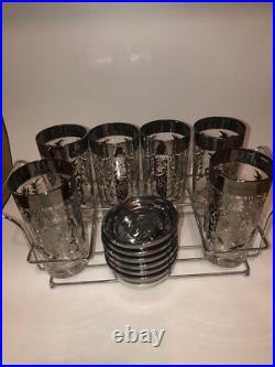 Rare? MCM 13 Pc Kimiko 6 Highball Glasses with 6 Coaster Set Knights Bar Ware