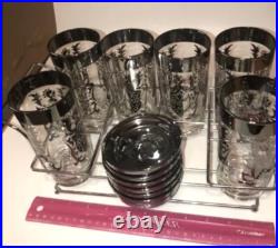 Rare? MCM 13 Pc Kimiko 6 Highball Glasses with 6 Coaster Set Knights Bar Ware