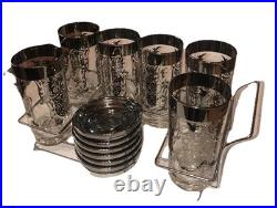 Rare? MCM 13 Pc Kimiko 6 Highball Glasses with 6 Coaster Set Knights Bar Ware