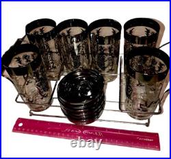 Rare? MCM 13 Pc Kimiko 6 Highball Glasses with 6 Coaster Set Knights Bar Ware